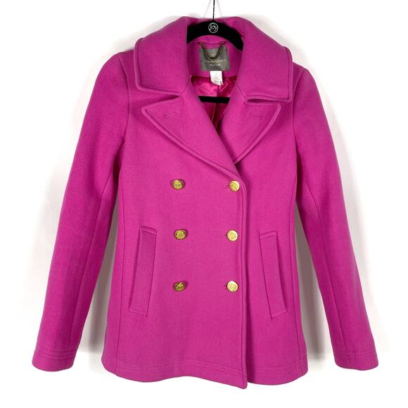 J Crew Majesty Coat Peacoat Fuchsia Pink Wool Stadium Cloth Double Breasted Sz 0 - Picture 4 of 10